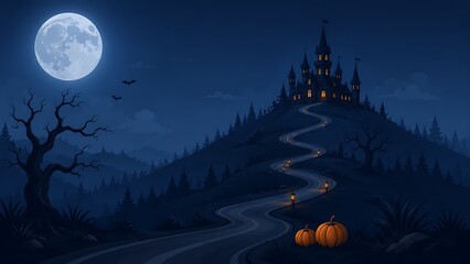 Fototapeta premium A spooky haunted castle on a hill under a full moon, with a winding road leading to it, decorated with pumpkins and barren trees, evoking a sense of Halloween mystery and eeriness