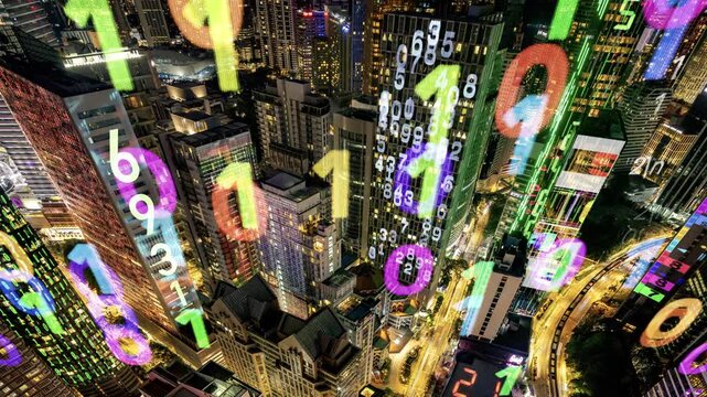 kuala lumpur cyberpunk city with overlayed code and data on the buildings