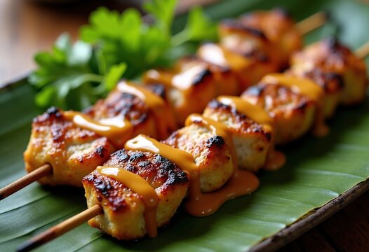Sizzling Chicken Satay Skewers Drizzled in Velvety Peanut Sauce on Banana Leaf Platter