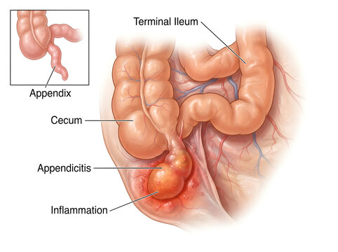 Appendicitis inflammation in human digestive system illustration isolated on white background