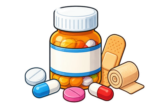 Amber prescription bottle with pills and bandages