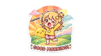 Fototapeta premium Cute Anime Girl Yawning, Stretching, Good Morning, Happy Chibi