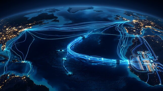 Glowing fiber optic cables connect digital networks across the dark ocean surface of planet earth in this vivid detailed rendering