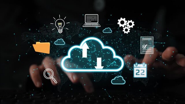 Abstract representation of cloud computing technology with digital icons, data connections, and hands on a keyboard in a modern workspace setting. Entropy.