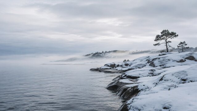 Rocky snow-covered lake shore with lone pine tree amid fog in winter