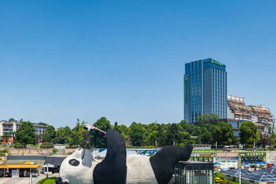 Dujiangyan, China - July 20, 2026: Selfie Panda, or Giant reclining panda sculpture, at Yangtianwo square in Dujiangyan, near Chengdu, China