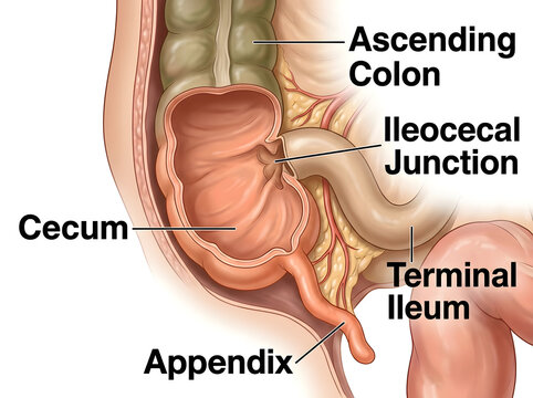 Anatomical diagram of human large intestine parts isolated on white background