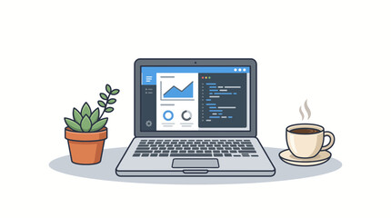 Fototapeta premium Flat laptop scene with potted plant and coffee enterprise computing