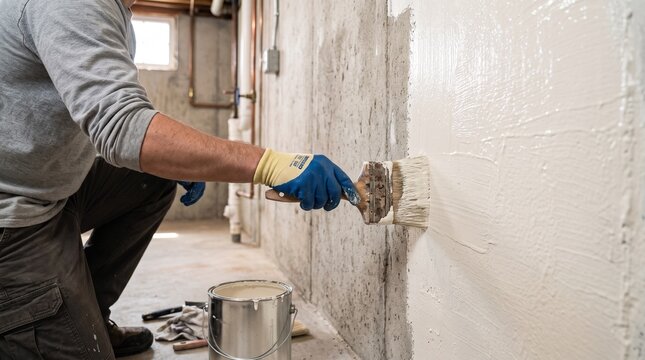 Applying waterproof masonry paint to a primed concrete basement wall as part of a damp repair project.