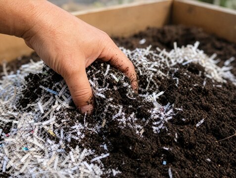 Hand mixing recycled shredded paper mulch with soil in a garden bed, concept of eco-friendly gardening, organic recycling and sustainable soil improvement