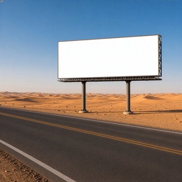 Blank white billboard mockup standing by an empty road in a desert with sand dunes and blue sky, concept of outdoor advertising space and marketing template