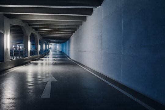 A long, dimly lit concrete underpass with a road curving into the distance.