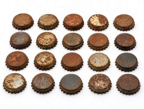 Collection of old rusty metal bottle caps arranged in neat rows on a white background, concept of corrosion, aged metal texture, pattern and recycling