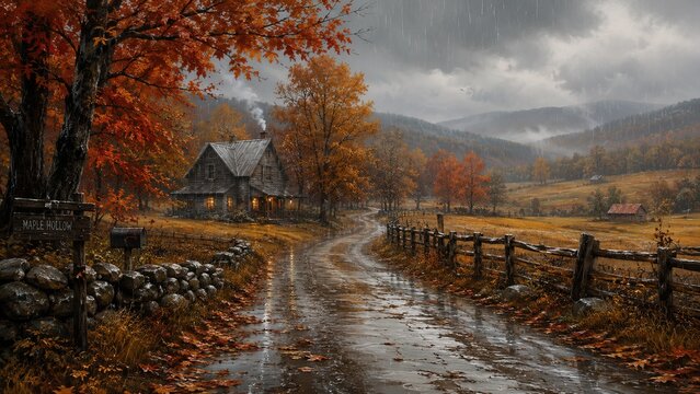 Cozy house amid rainy autumn landscape with wet road and wooden fence