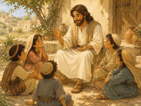 Jesus Christ telling parable to children sitting around him in ancient village
