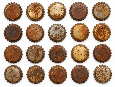 Collection of old rusty metal bottle caps arranged in rows on a white background, concept of corrosion, aged metal texture, pattern and recycling