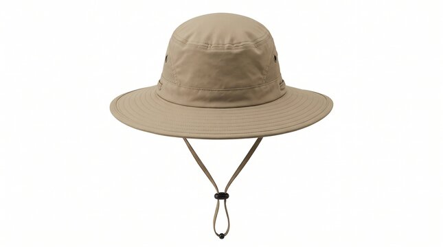 Beige wide-brimmed sun hat with an adjustable chin strap isolated on a white background, representing outdoor adventure and sun protection gear for travel and hiking.