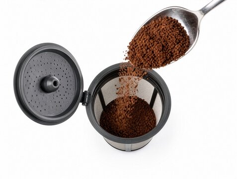 Ground coffee pouring from a spoon into a reusable coffee capsule on a white background, concept of eco-friendly refillable pods and zero waste sustainable brewing