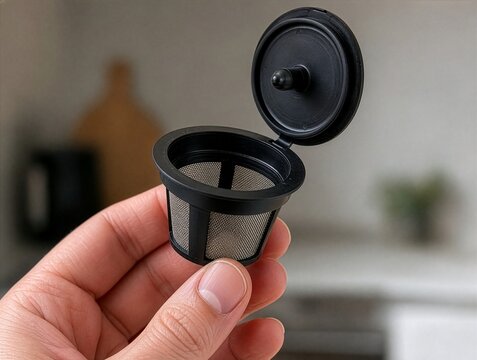 Hand holding an empty reusable coffee capsule with a mesh filter in a kitchen, concept of eco-friendly refillable coffee pods and zero waste sustainable brewing