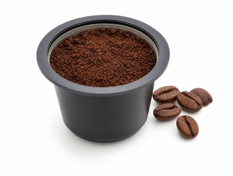 Reusable coffee capsule filled with ground coffee and roasted beans on a white background, concept of eco-friendly refillable pods and sustainable coffee brewing
