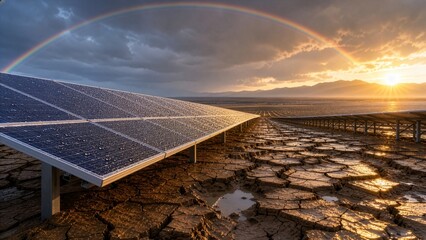 Obraz premium Solar panels on cracked dry ground with a rainbow and sunset after rain, concept of renewable energy, hope for the environment and fight against climate change