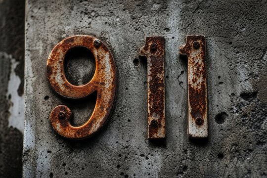 Rusty metal number 911 on a weathered concrete wall, concept of September 11 remembrance, tribute to victims and never forget memorial day