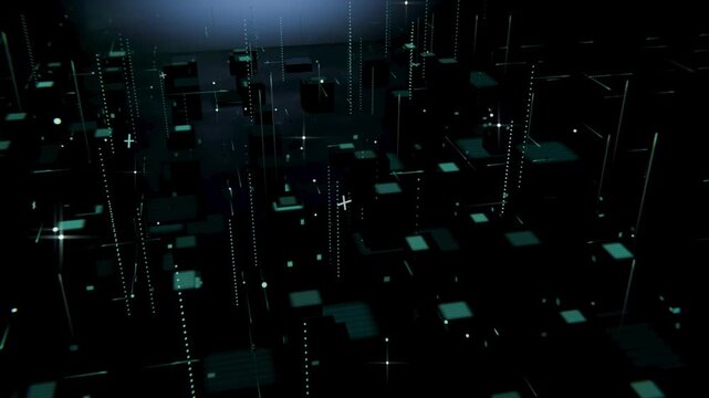 Panning camera revealing depth of dense platforms and dotted-light columns on dark neon plane