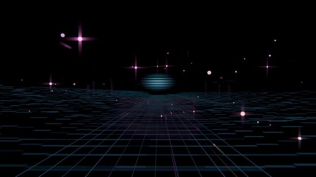Starting neon grid scrolling evoking motion in digital plane, teal orb pulsing, particles drifting