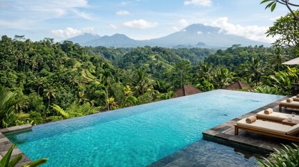 Fototapeta premium Luxury infinity pool overlooking lush tropical jungle and distant mountains