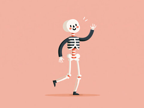 Cute dancing skeleton cartoon character waving and walking in a playful pink illustration