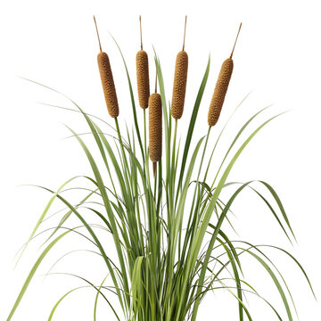Green cattail reeds with brown seed heads growing in a bunch isolated on transparent background