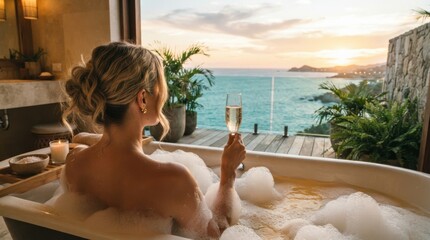 Fototapeta premium Woman enjoying a luxurious bubble bath with champagne overlooking the ocean at sunset