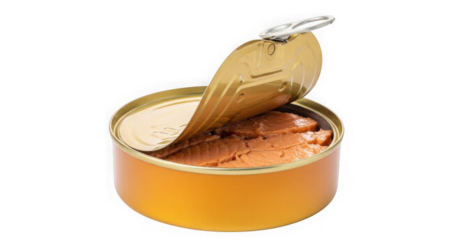 Opened can of tuna with fork inside. Isolated seafood container with metal utensil for meal prep.