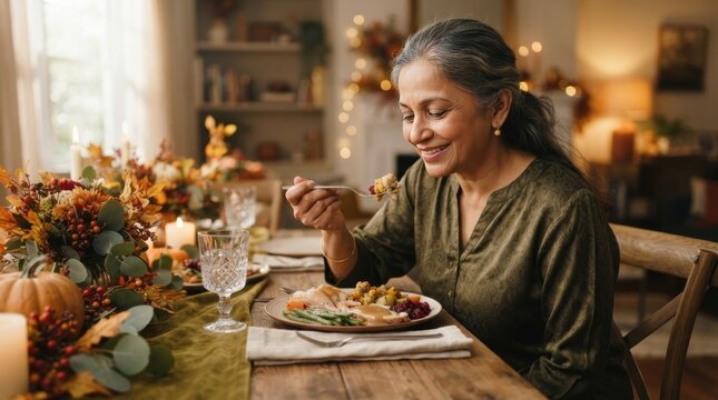 Smiling woman enjoys a traditional Thanksgiving dinner with turkey and festive autumn decorations