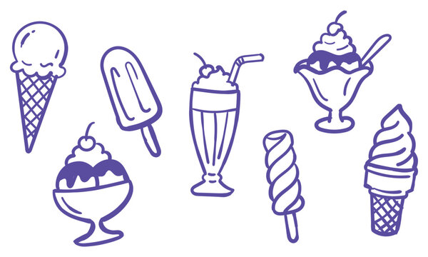 Hand drawn purple line art ice cream collection featuring cone, popsicle, milkshake, sundae, soft serve twist and cherry topped dessert, doodle vector illustration set