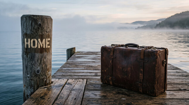 Vintage brown leather suitcase sitting alone upon a weathered wooden pier over misty calm water with displays classic leather suitcase resting rustic soft mist hovering