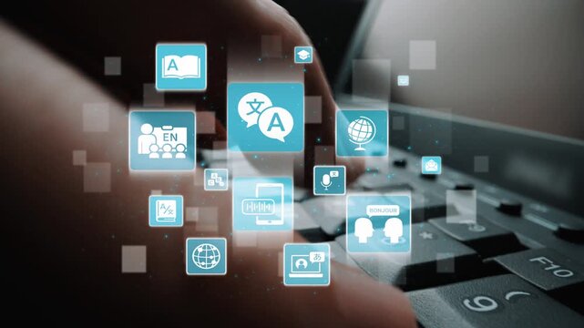 Translation icons show international languages, interpretation, and communication. Translation helps global business, translation supports learning, and translation improves cultural exchange. Funnel
