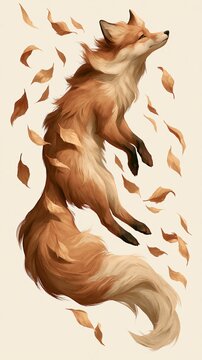 Red fox jumping in autumn leaves, artistic wildlife illustration of a leaping animal.