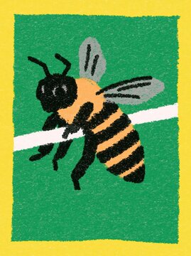 Stylized crayon drawing of a honey bee on a green background with yellow border