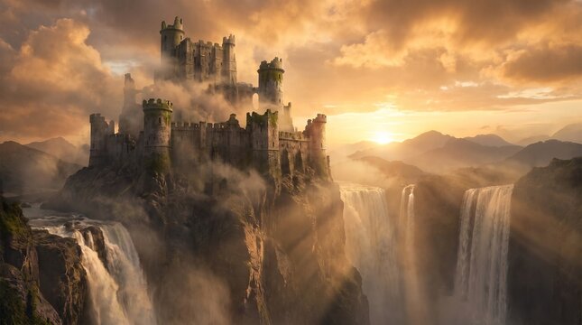 Majestic stone castle perched high upon a jagged rocky cliffside surrounded by swirling thick morning fog while massive cascading waterfalls flow down into the misty deep valley below under a brillian