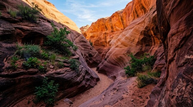 Narrow slot canyon with winding sandstone walls, natural desert landscape with green shrubs and sandy floor.