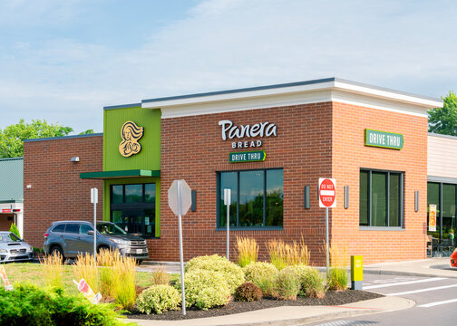 Fayetteville, NY - Aug 1, 2026: Exterior view of Panera Bread Drive Thru located at Towne Center, an American bakery‑caf&eacute; & fast‑casual restaurant chain with over 2,200 locations across the USA