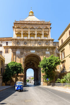 Historic Porta Nuova gateway in Palermo, Sicily, Italy