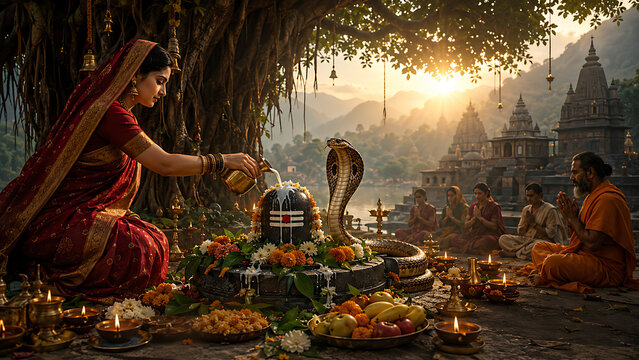 Devout woman offering fresh milk to a sacred shiv lingam and standing snake near a beautiful holy river during nag panchami celebration