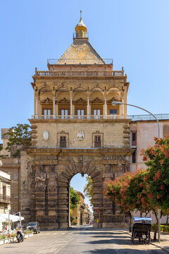 Historic Porta Nuova city gate in Palermo, Sicily, Italy