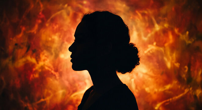 Dramatic woman silhouette, fiery orange background, profile of female shadow