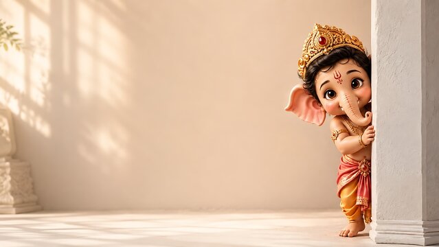 Cute Lord Ganesha peeking around a temple pillar in warm Indian interior with spacious copy space