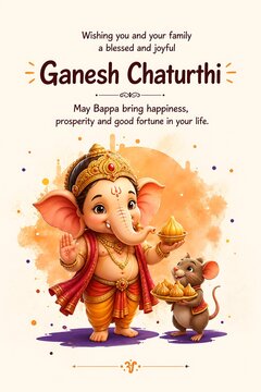 Elegant Ganesh Chaturthi greeting poster with detailed Lord Ganesha and mouse holding traditional sweets