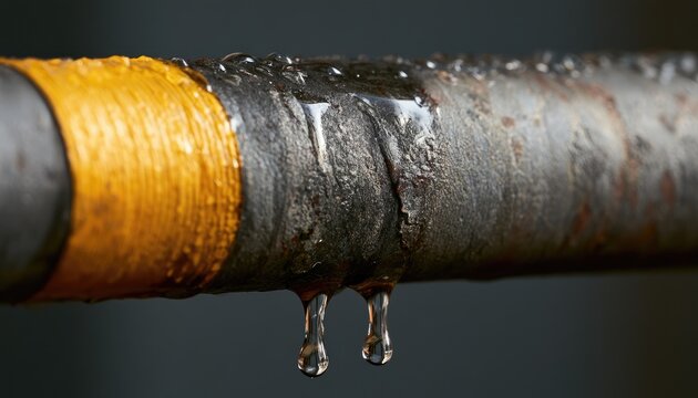 A rusty, industrial pipe with a bright yellow band showing visible water drips
