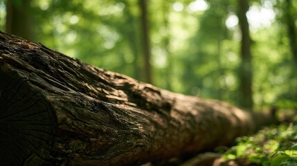 Fototapeta premium Sun-dappled fallen tree trunk rests in a lush, green forest